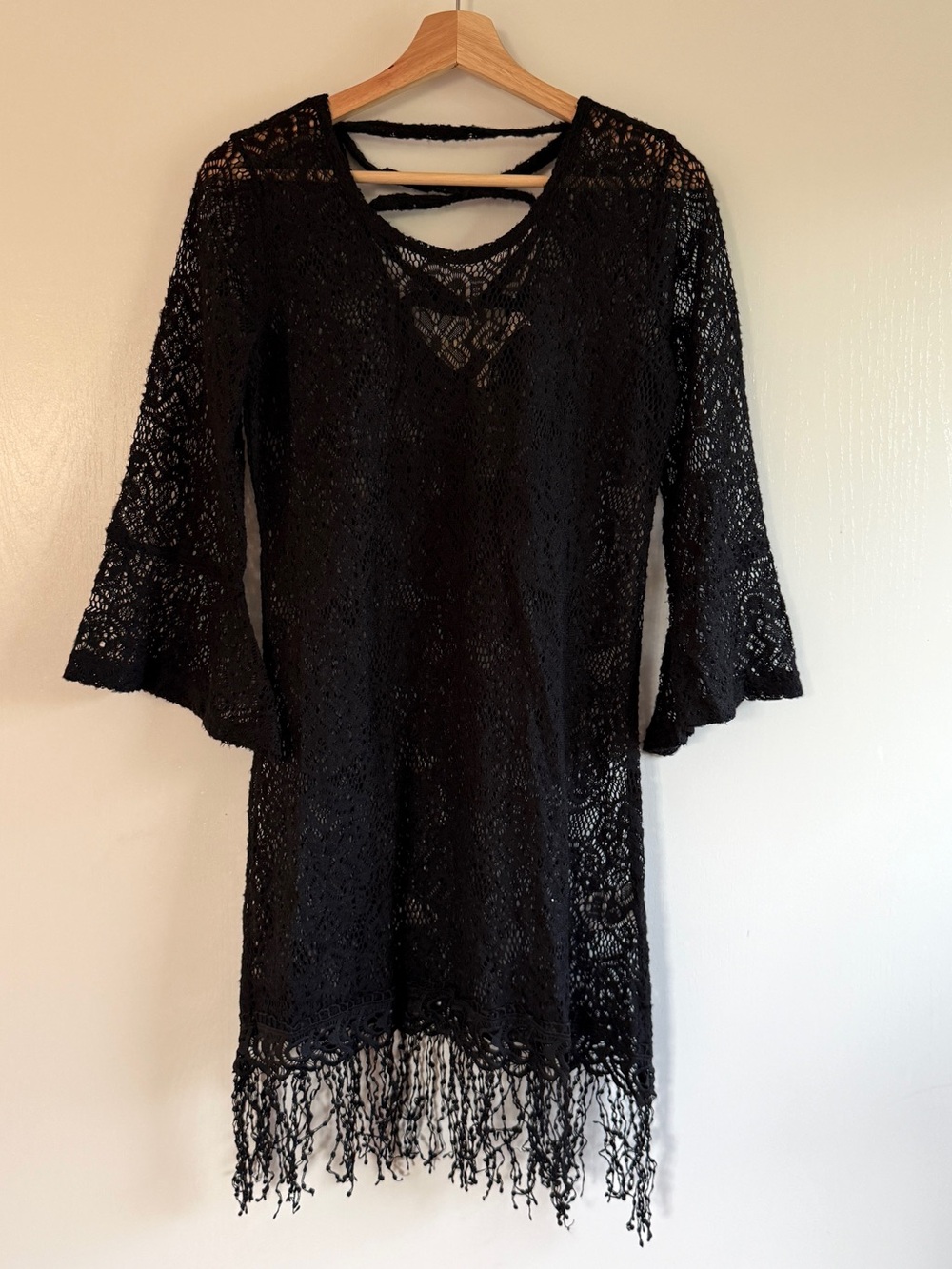A’Reve Black Sheer Lace Fringe Women's Dress Tunic Cover Lace Up Back